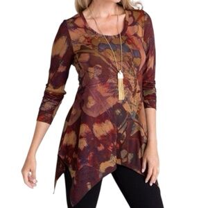 Soft Surroundings L Abstract‎ Print Boho Tunic Top Long Sleeve Asymmetrical Hem